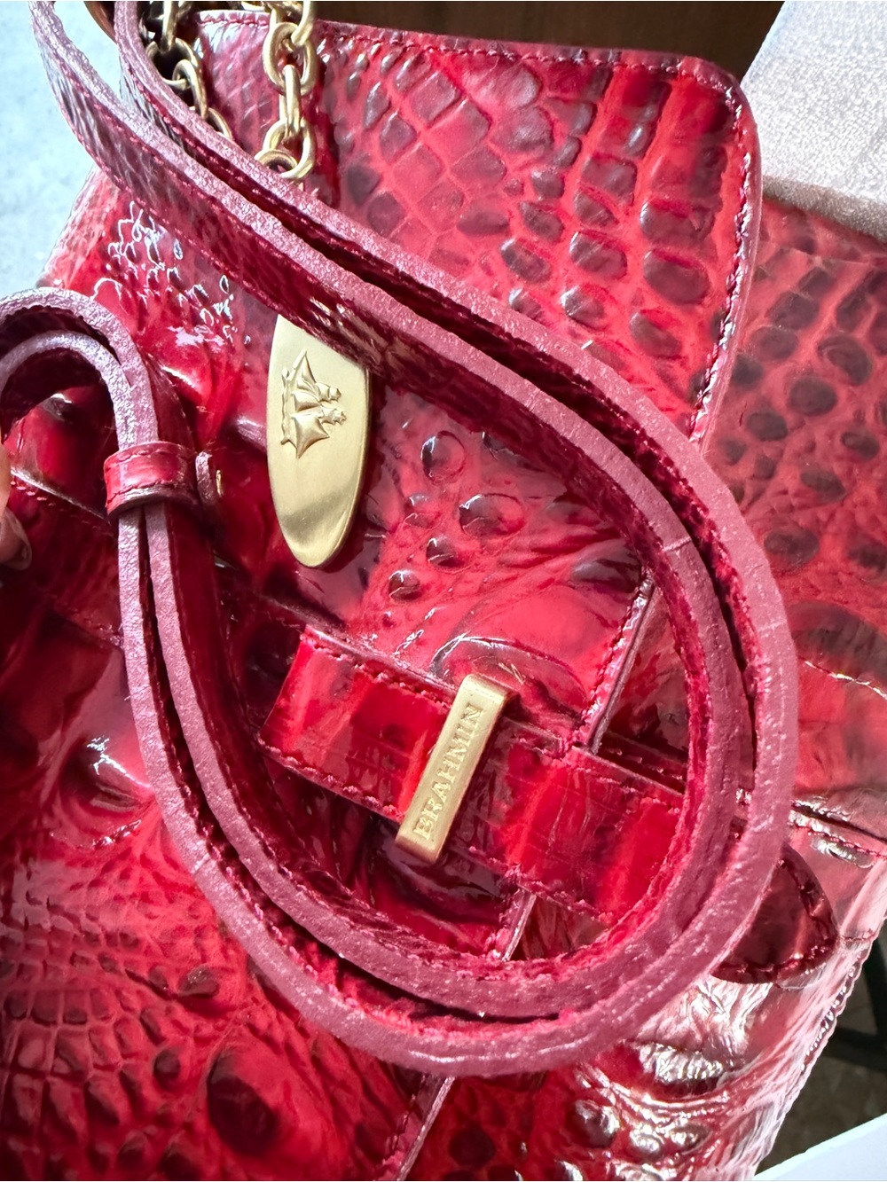 Vtg Brahmin Women's Shoulder Bag Red Croc Embossed Leather Small Gold Chain Lux - Picture 14 of 15